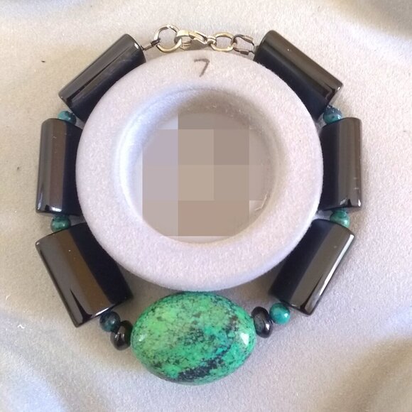 Bold Elegance: Black Jasper & Chrysocolla Heavy Bracelet! Wisdom & Protection - Picture 5 of 7